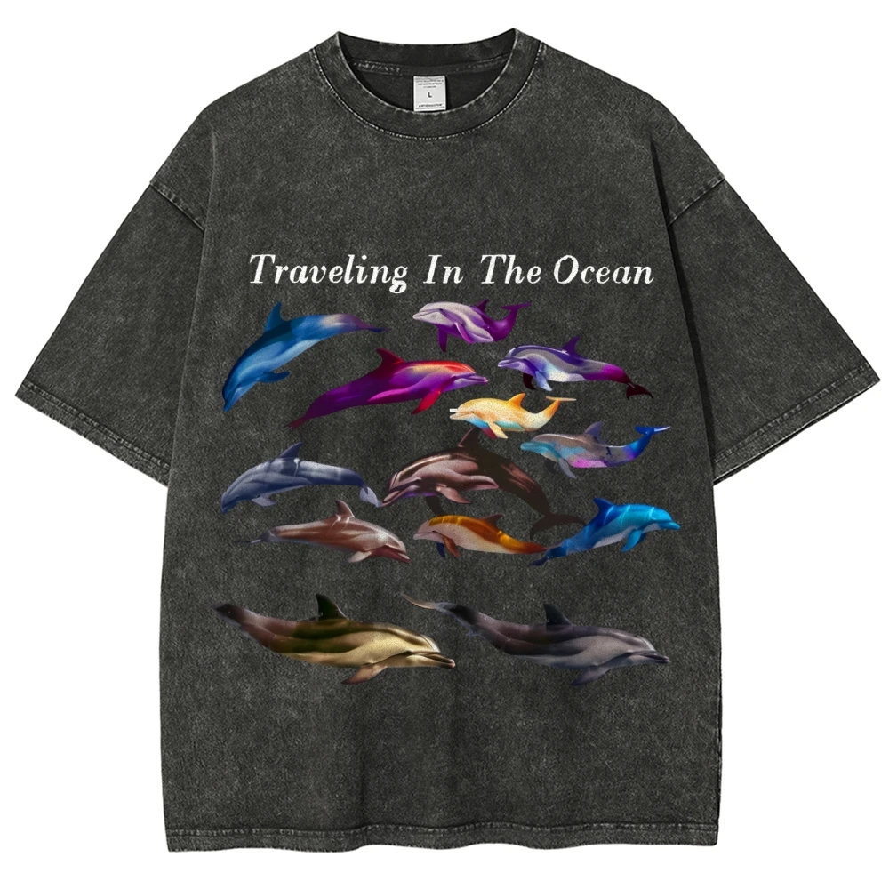 

Traveling In The Ocean Short Sleeves Shirt Unisex Fit Dolphin Marine Animal Pattern T-shirt Leisure Trend Summer Pure Cotton