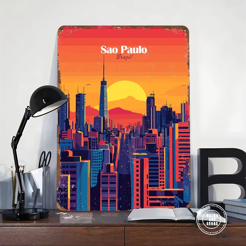 Sao Paulo Skyline Sunset Tin Poster Customized Wall Art Retro Vintage Metal Signs for Fans Room Home Decor Accessories Interior