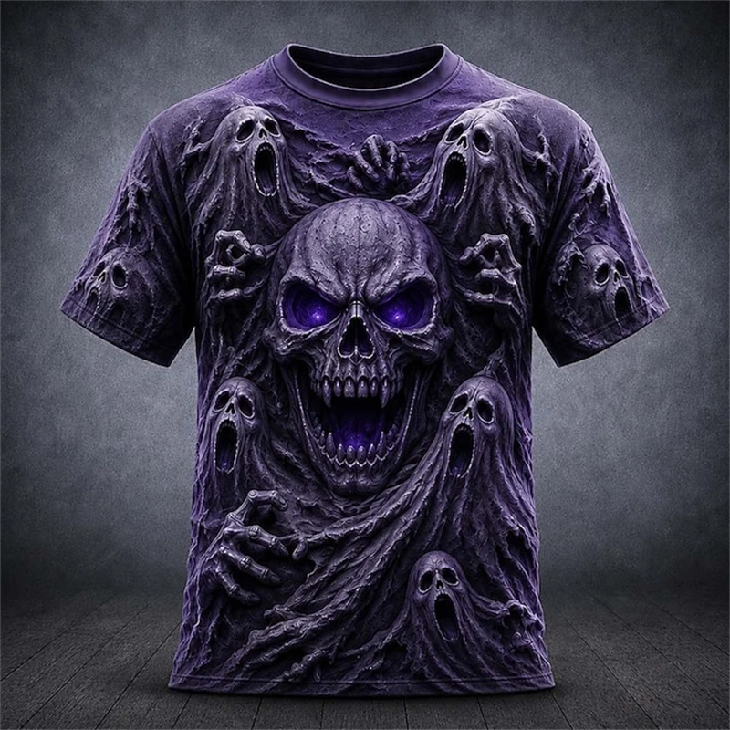 Halloween Men's Short-Sleeve T-Shirt with Scary Red Eyed Skull Print Loose Fit Fashionable and Trendy Holiday Men's Top