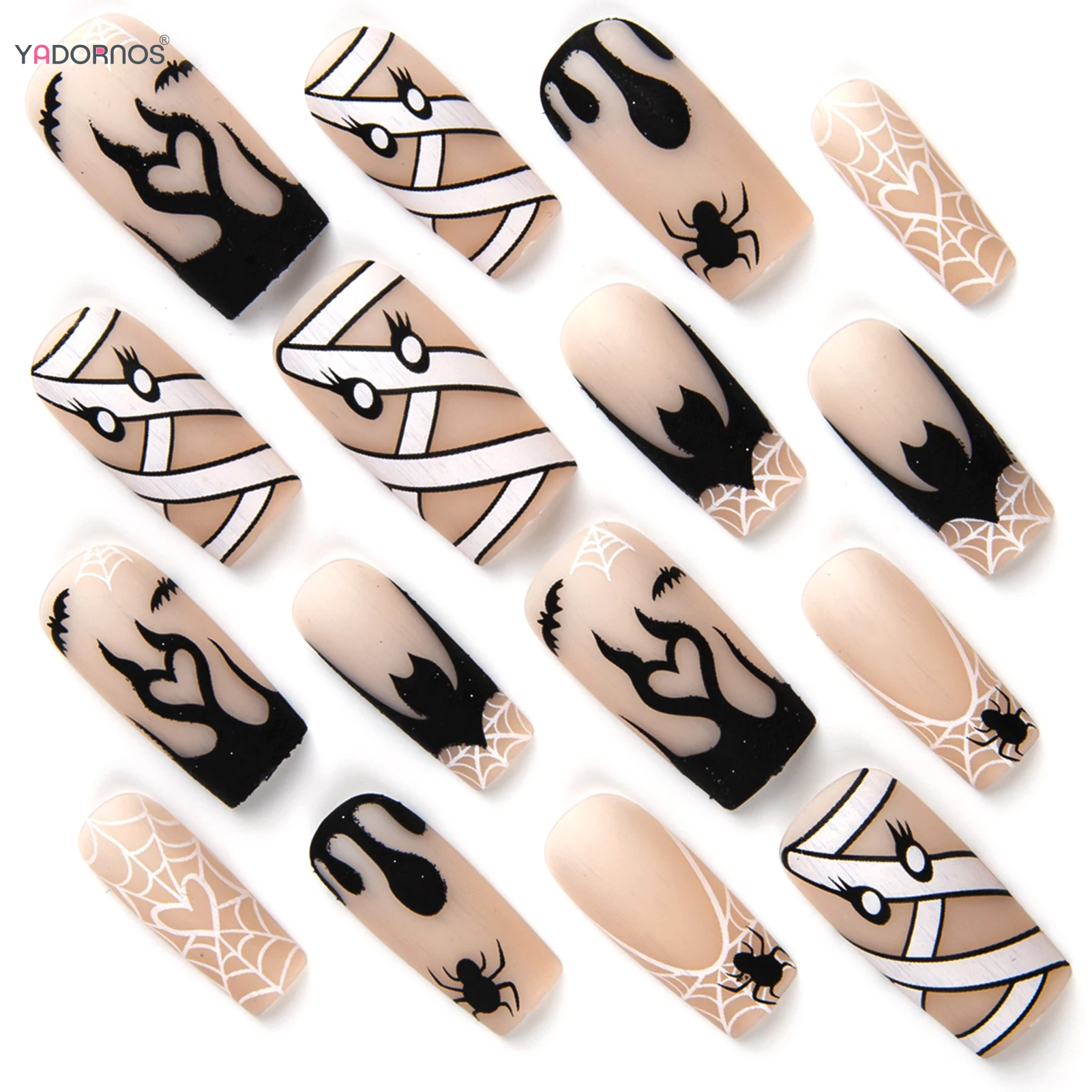 24 Uds. De uñas postizas de Halloween con purpurina, estilo francés negro, tela de araña blanca, diseño de vendaje, uñas postizas de ataúd de longitud media