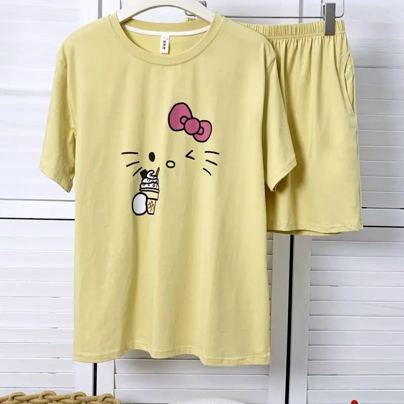 

Новый стиль: Дешевый комплект пижам Sanrio Hello Kitty из чистого хлопка для женщин, домашняя одежда с милым мультяшным принтом мороженого, летние шорты с коротким рукавом