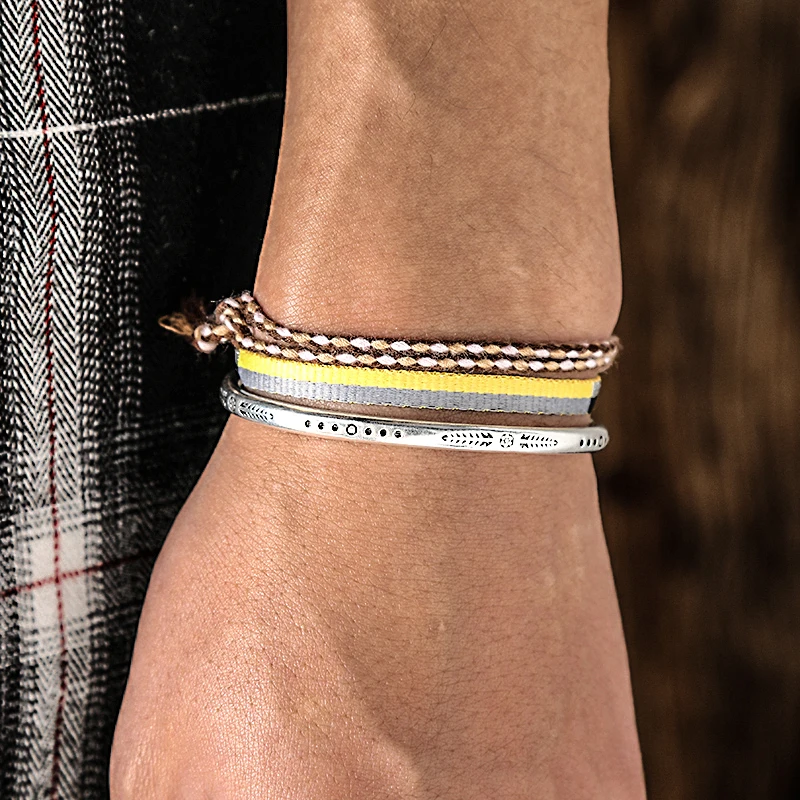Fashion Handmade Cotton Rope Sport Set Bracelets for Women Men Retro 925 Tibetan Silver C-Bangle Multilayered Jewelry Gift