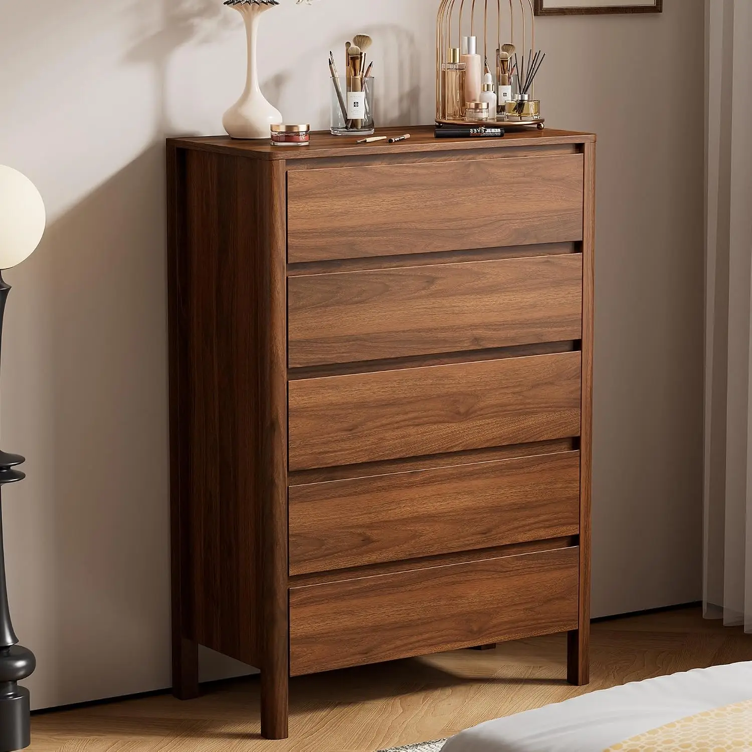 Five Drawer Wooden Storage Cabinet Vertical Tall Chest Of Drawers Organizer Unit With Solid Wood Legs Furniture For Bedroom Living Room Closet Entryway Walnut Brown One Pack view 6