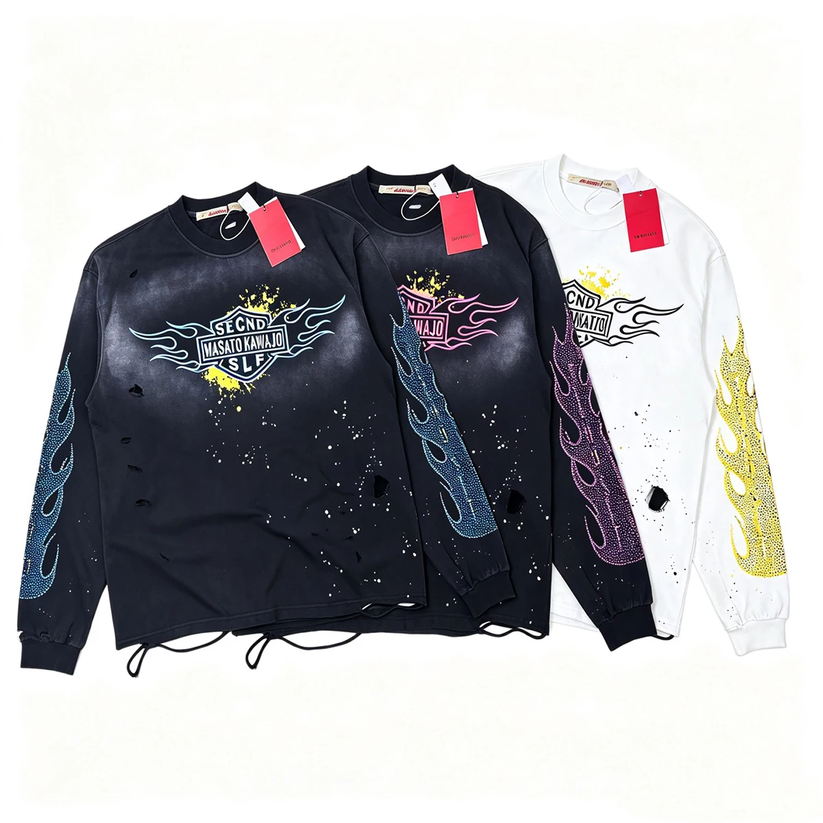 High Street Frayed Washed Retro Hole Flame Diamond Long Sleeve Tshirt for Men Crew Neck Shinning Rhinestone Autumn T-shirt