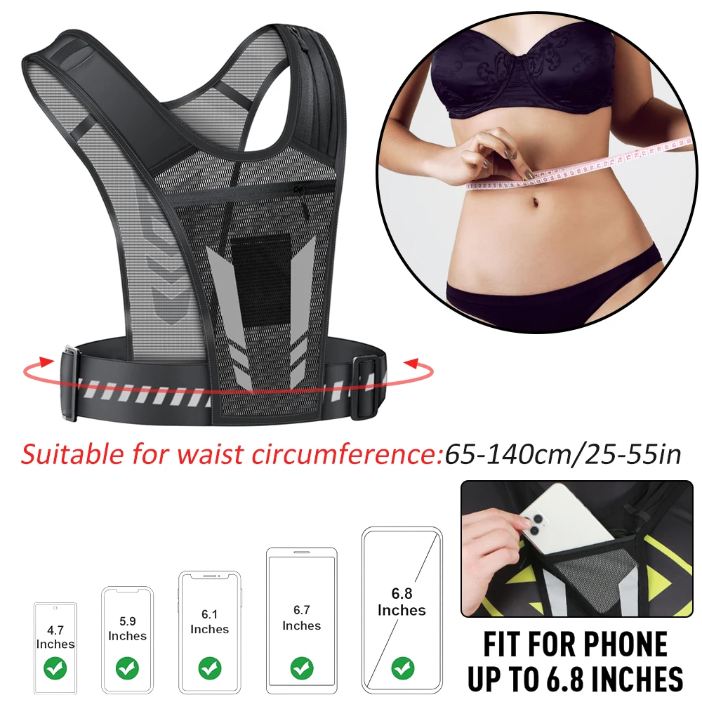 Chaleco reflectante para correr con soporte para teléfono para hombres y mujeres, trotar, caminar, hacer ejercicio, gimnasio, entrenamiento, bolsillo para llaves con correa ajustable de 1 pieza