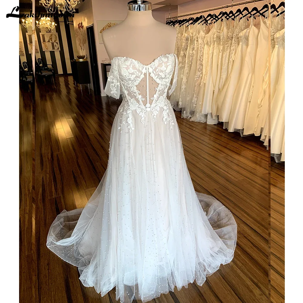 Boho Romantic Sexy Unique Wedding Dress Bridal Gown Off Shoulder Beading Detachable Sleeves A-line Sweetheart Robe De Mariee