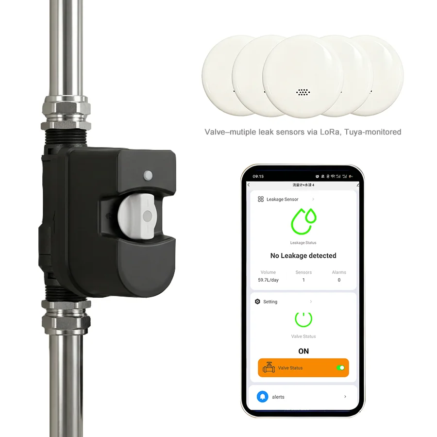 WiFi & LoRa Flow Meter Solenoid Valve, Leak Buzzer Alarm Detector, Auto‑Shutoff Sensor App‑Controlled for Irrigation