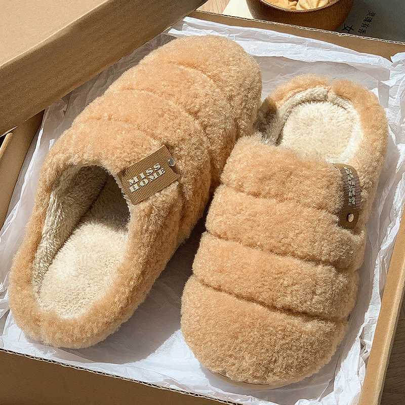 Winter Fluffy Furry Bread Slippers Women Soft Sole Non Slip Home Cotton Slides Woman Indoor Warm Plush Slippers Plus Size 34-47