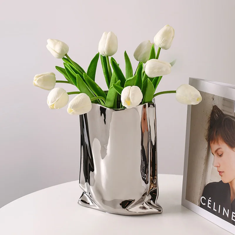 Silver-plated Ceramic Vase Simple Living Room Paper Bag Flower Arrangement Home Decoration Photo Props Table Decorations