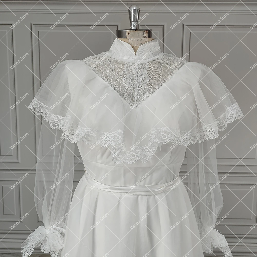 Robe de mariée édouardienne rétro victorienne, robe de patients en dentelle tulle, vintage, sur mesure, col haut, ligne A, manches longues, photos réelles