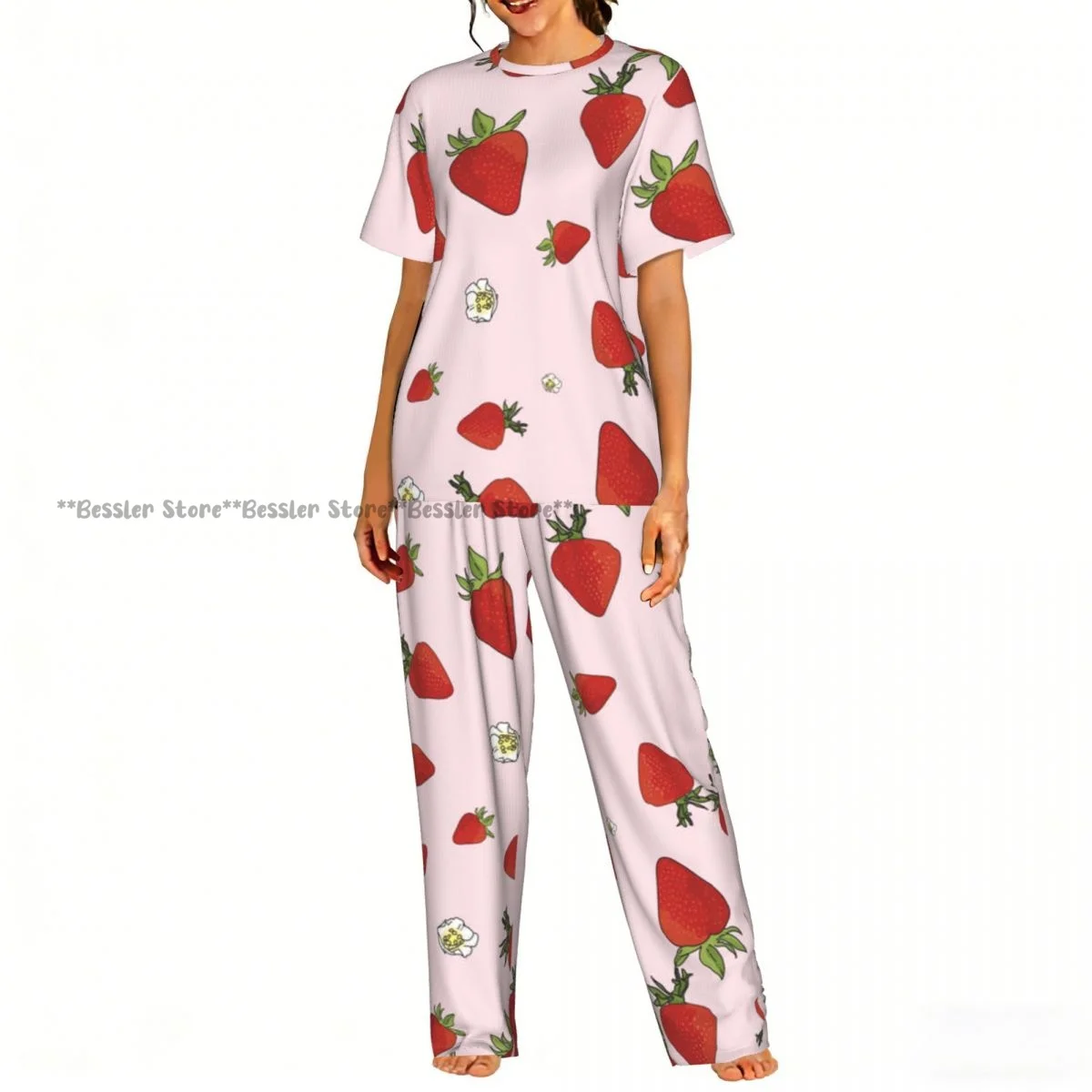 

Pink Strawberries Pattern Pajamas Set Short-sleeved Women Home Clothing