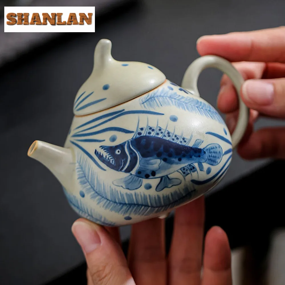 130ml Antique Ru Kiln Pear-shaped Teapot Hand-painted Fish Algae Pattern Pot Ancient Pot Tea Brewing Kettle Tea Items Decoration