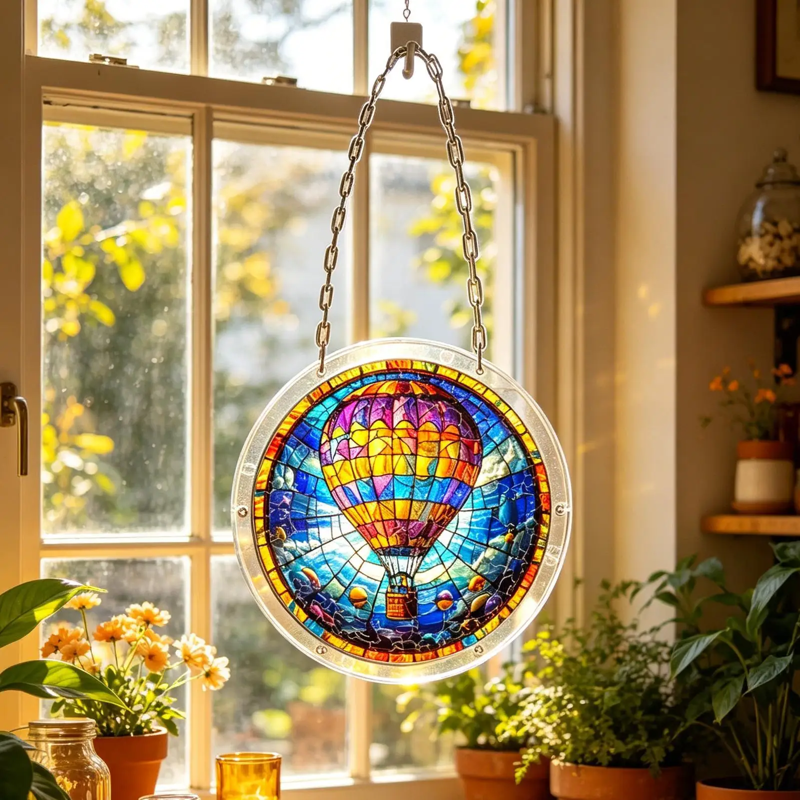 Window Suncatcher 82 Pieces Acrylic Imitation Stained Glass Sign Hot Air Balloon Pattern Window Suncatcher Art Kit For Home Wall