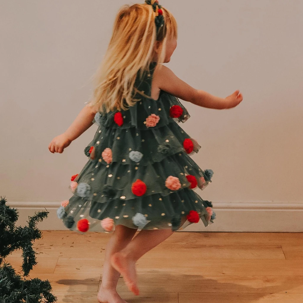 0-6Y Little Girl Christmas Sequined Star Dot Print Square Neck Sleeveless Lace Layered Tulle Tank Dress with Colorful Plush Ball