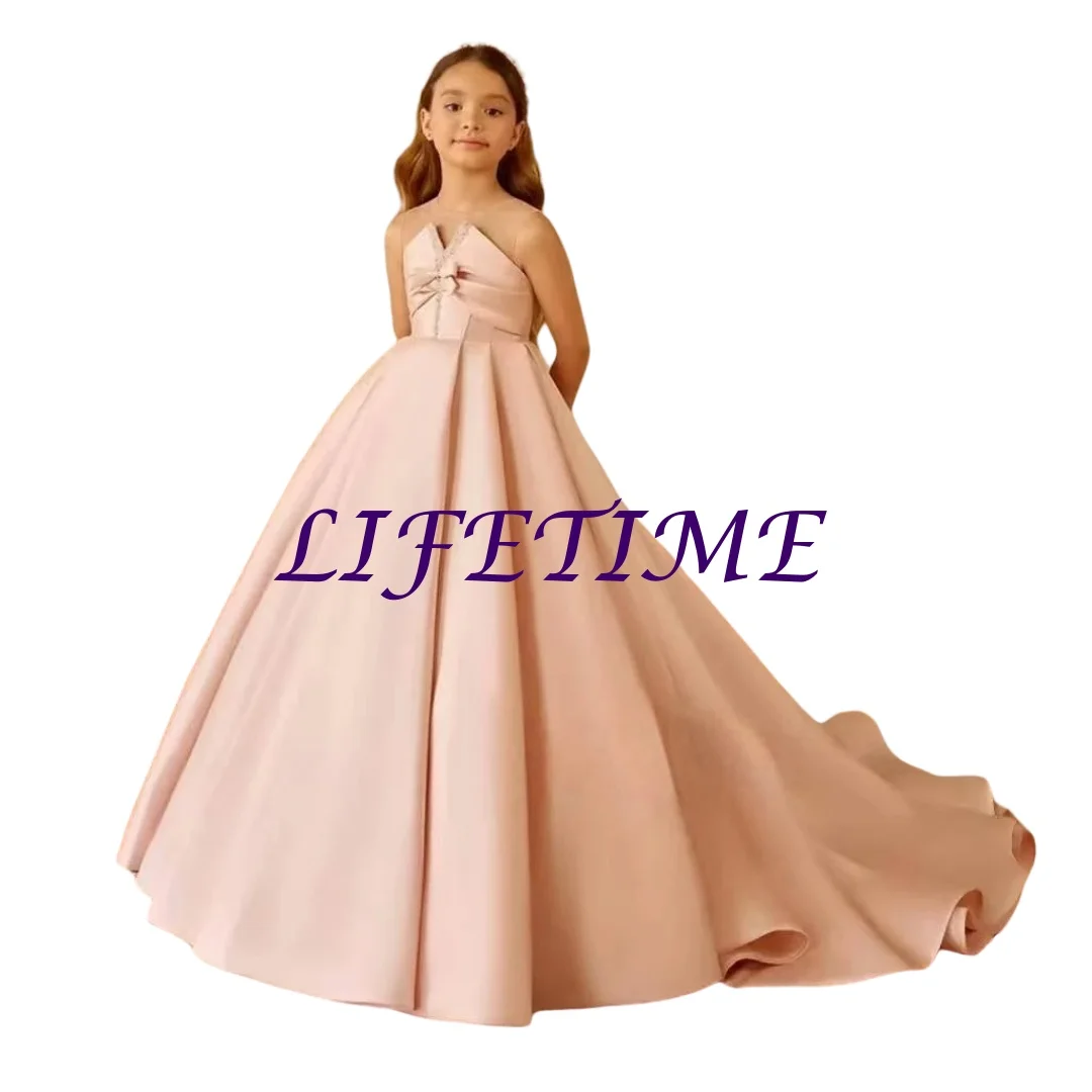 

CustomizedLuxury Pink Crystal Flower Girl Dress Satin Princess Kids Wedding Birthday Pageant Party Festival Evening Gown