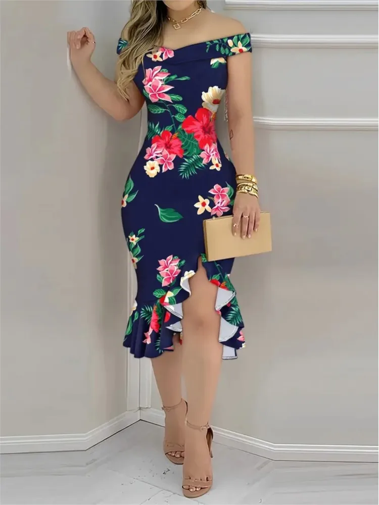

Casual Women's Flower Print Ruffle Hem Slit Dresses Temperament Commuting Slash Neck Off Shoulder Slim Retro Elegant Midi Dress