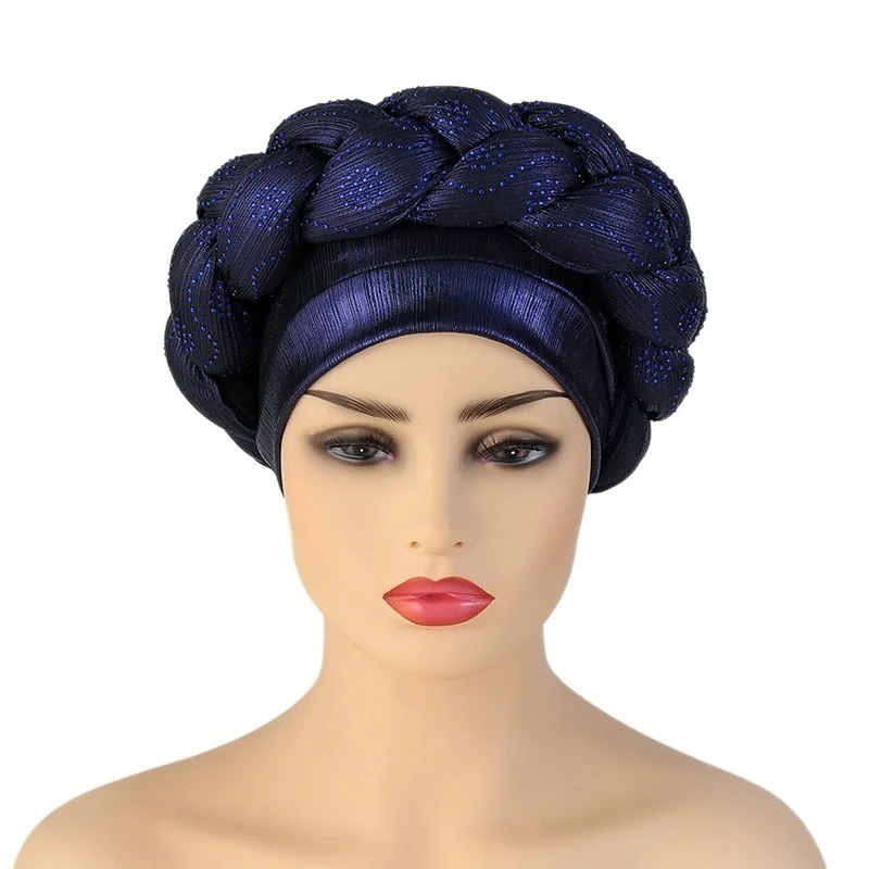 Xanh Dương Sáng Bóng Kim Cương Tự Động Gele Châu Phi Headtie Bonnet Nón Xoắn Băng Đô Cài Tóc Turban Gọng Cho Phụ Nữ Hồi Giáo Bím Tóc Đầu Quấn Khăn Hijab Aso oke