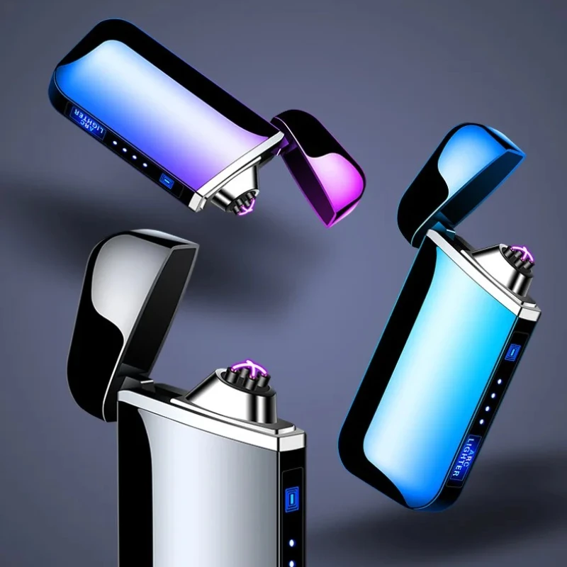 New Electric Windproof Metal Lighter Double Arc Flameles Plasma Rechargeable USB Lighter LED Power Display Touch Sensor Lighters