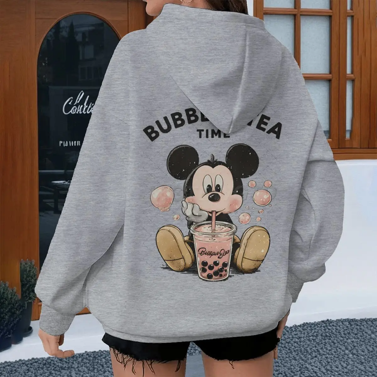 Bubbble Tea Time Mickey Mouse Ropa de mujer Personaje de dibujos animados Mickey Estampado Y2K Sudaderas Moda Casual Niñas Anime Sudaderas con capucha