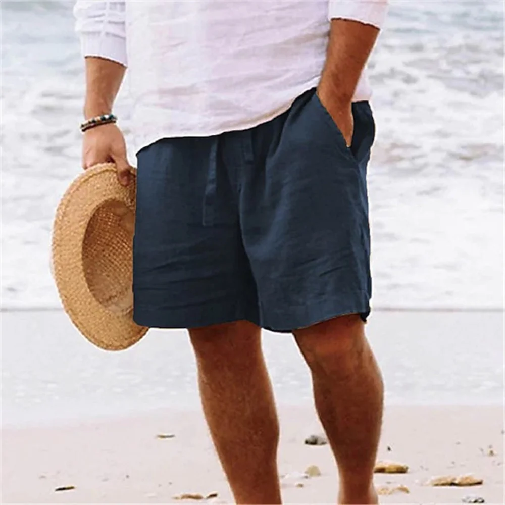 2024 Men summer cotton linen shorts draw rope elastic waist straight leg solid color breathable  beach five casual medium pants