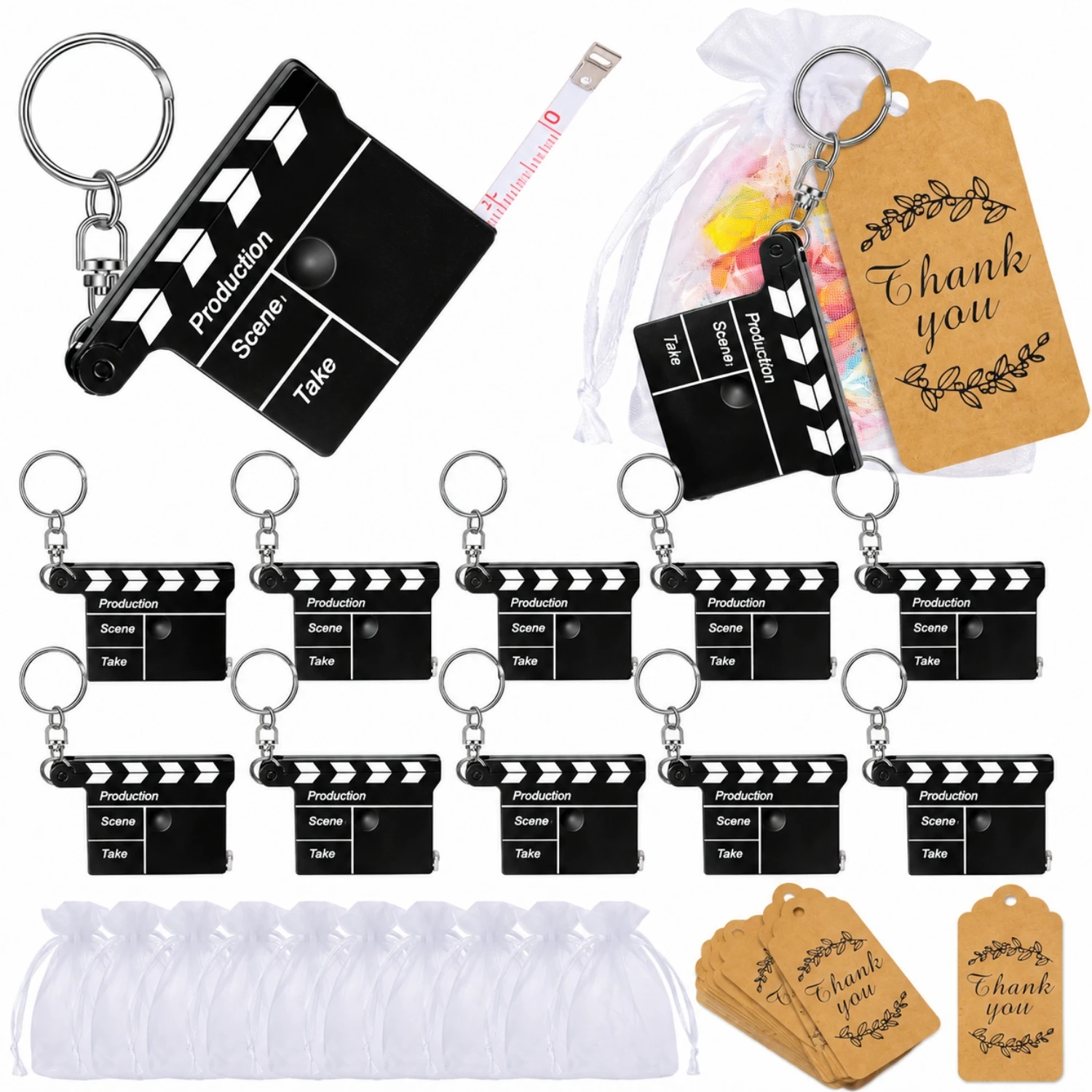 30/36/72 Pcs Movie Director Clapper Keychain Gift Set with  Card & Organza Bag | Film Theme Party Favors for Birthday Wedding