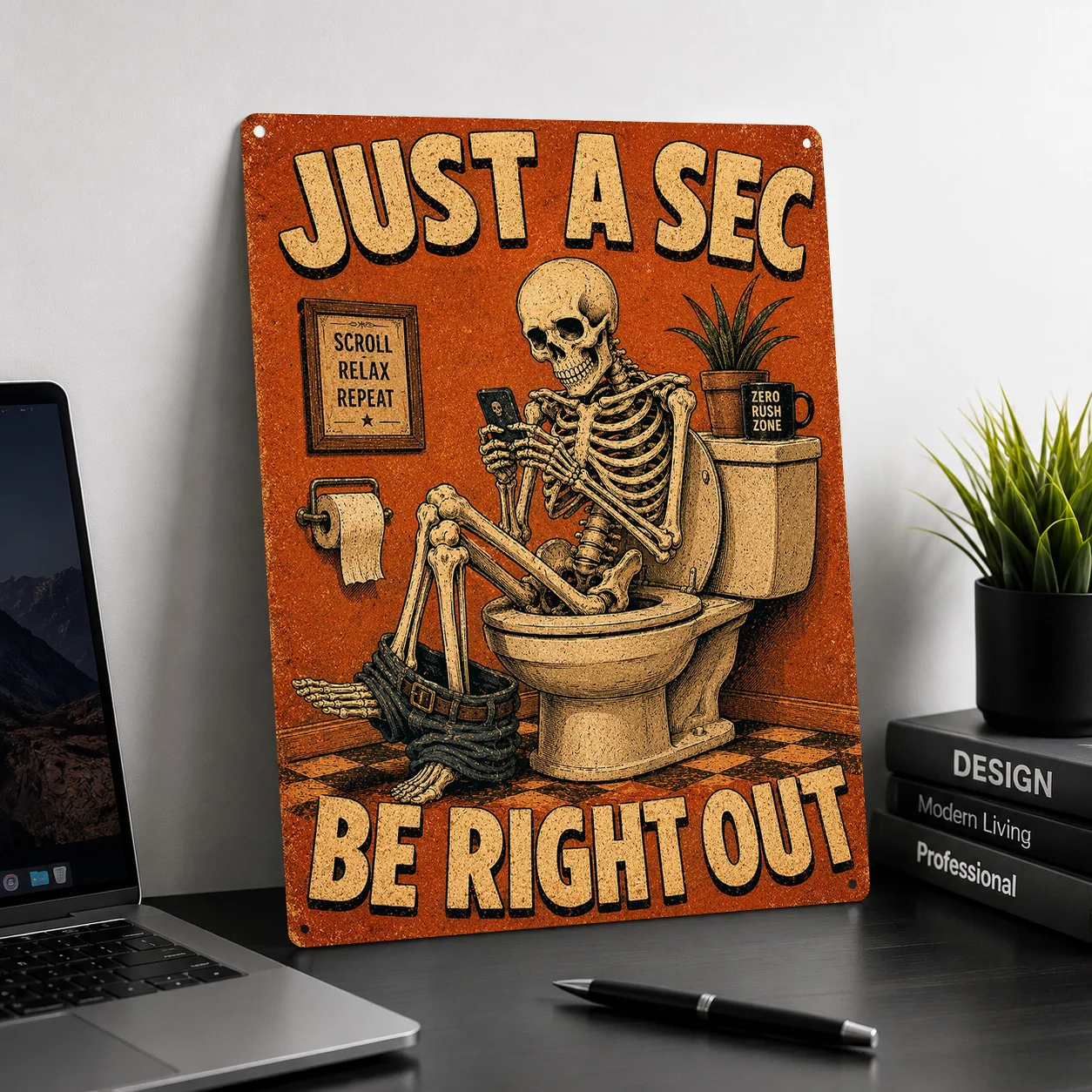Skeleton on Toilet Funny 3D Texture Printed Poster Custom Vintage Metal Tin Plate Sign for Wall Art Garage Accessories House