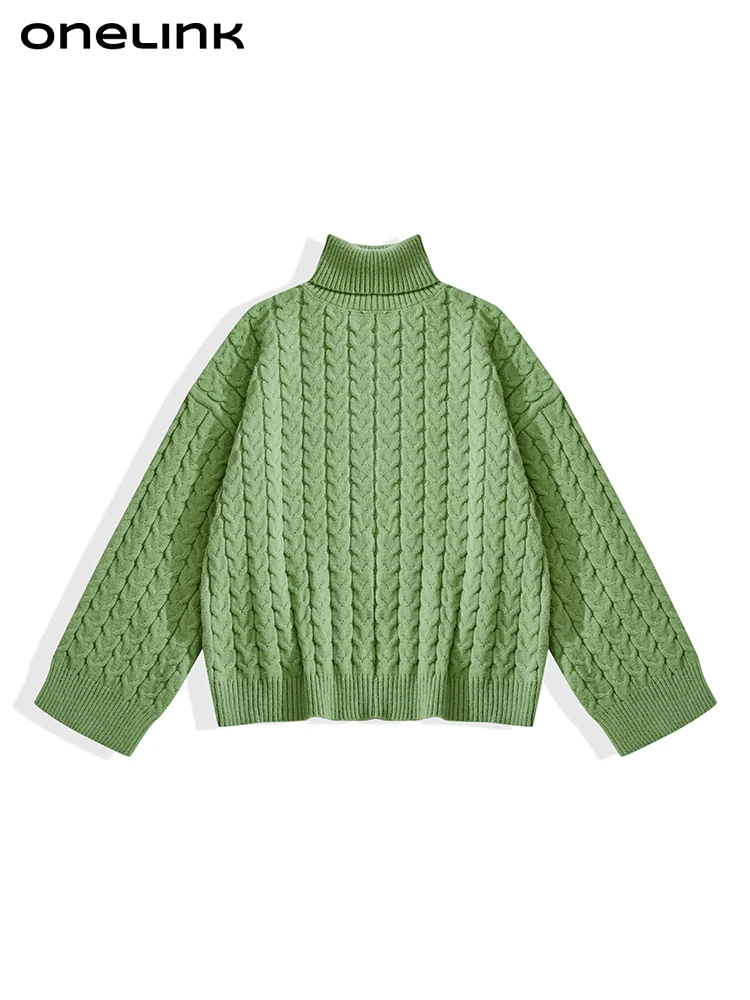 

ONELINK Turtleneck Green Plus Size Women Autumn Winter Pullover Sweater Cable Braiding Pattern Knitted Tops Oversize Clothing