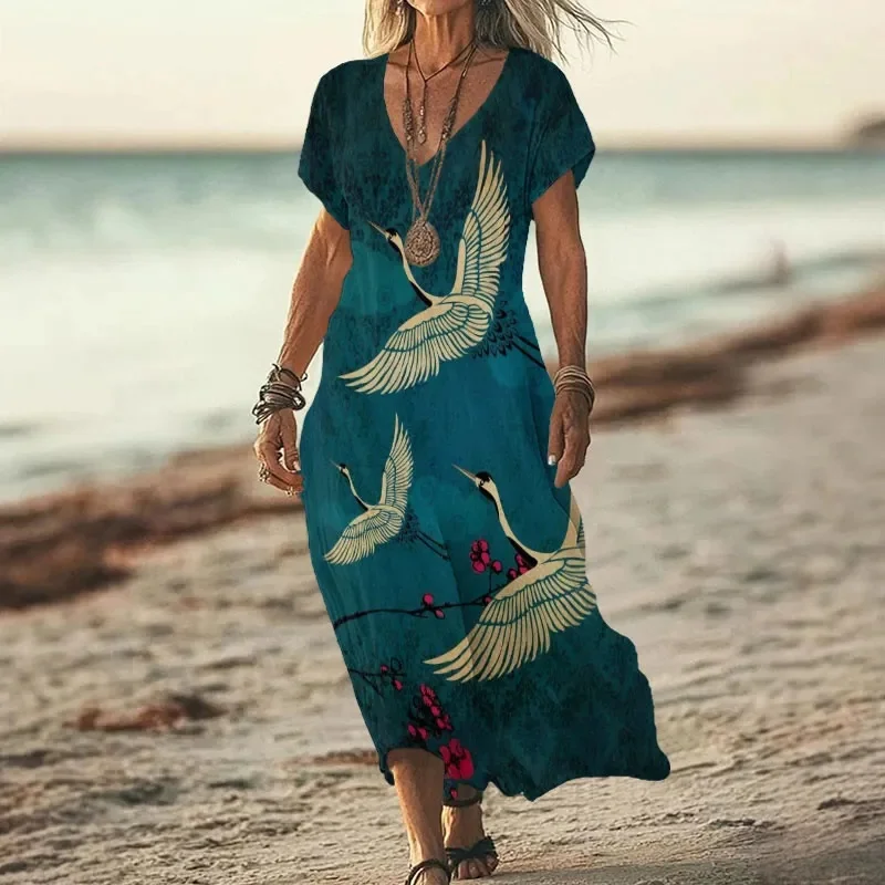 Women's Japanese Style Crane Art Print V-neck Dress 3D Printed Casual V-neck Dress Female Dresses