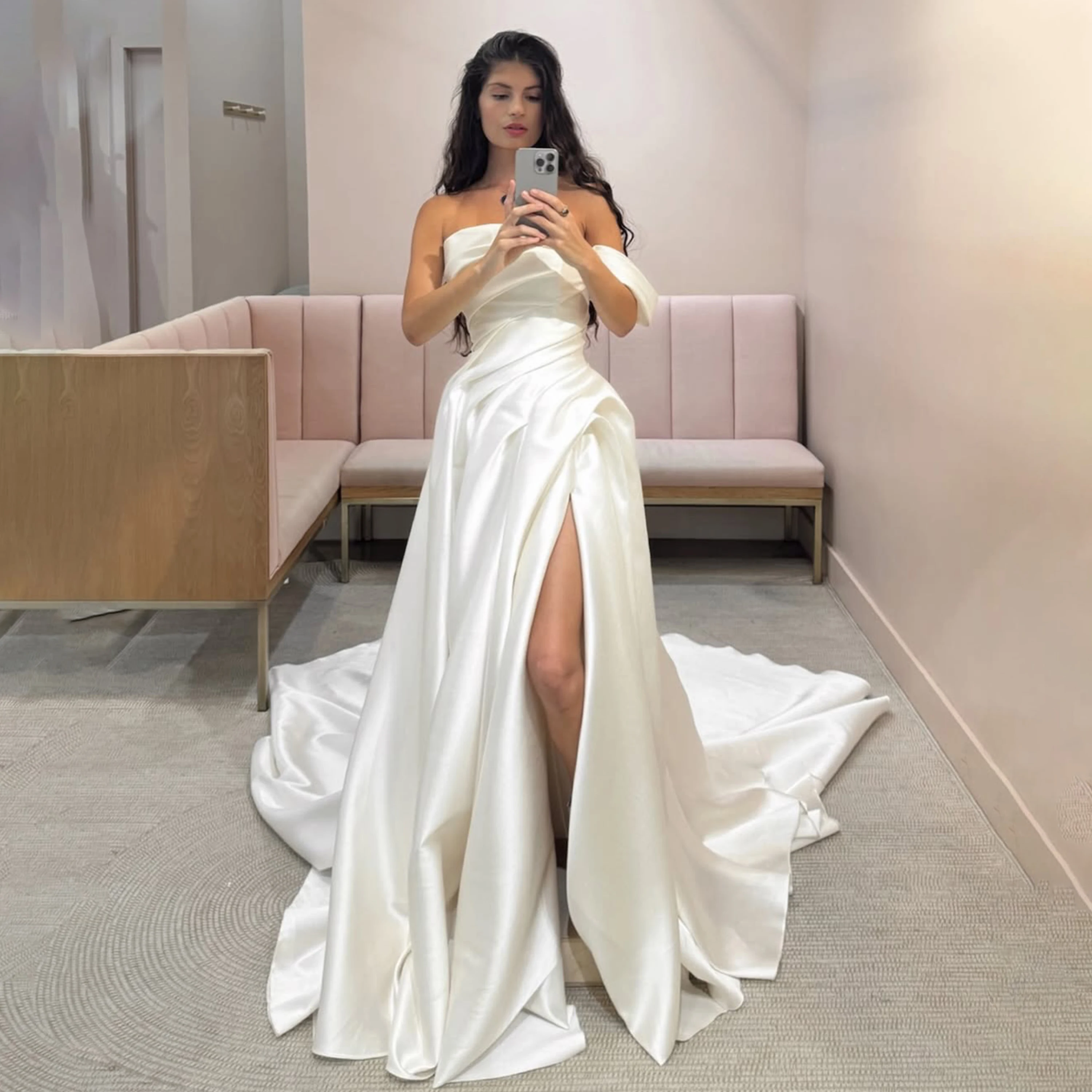 Satin Wedding Dresses Strapless Modern Bride Dresses A Line High Split Bridal Gowns Sleeveless Vestido De Novia 2026 Customized
