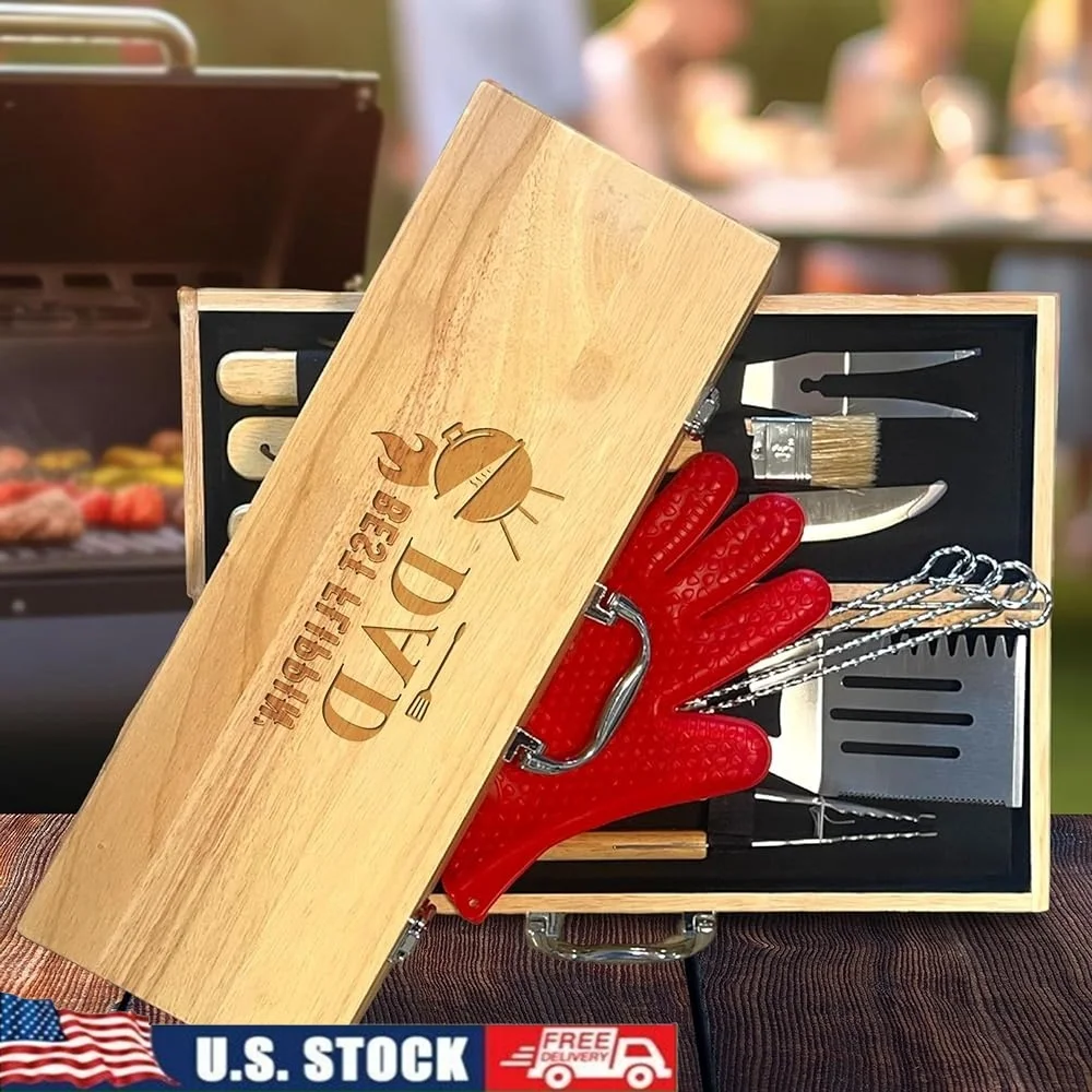 

11-Piece BBQ Tool Set Stainless Steel Grilling Accessories Wooden Storage Box Heat Resistant Gloves Perfect Gift Father's Day
