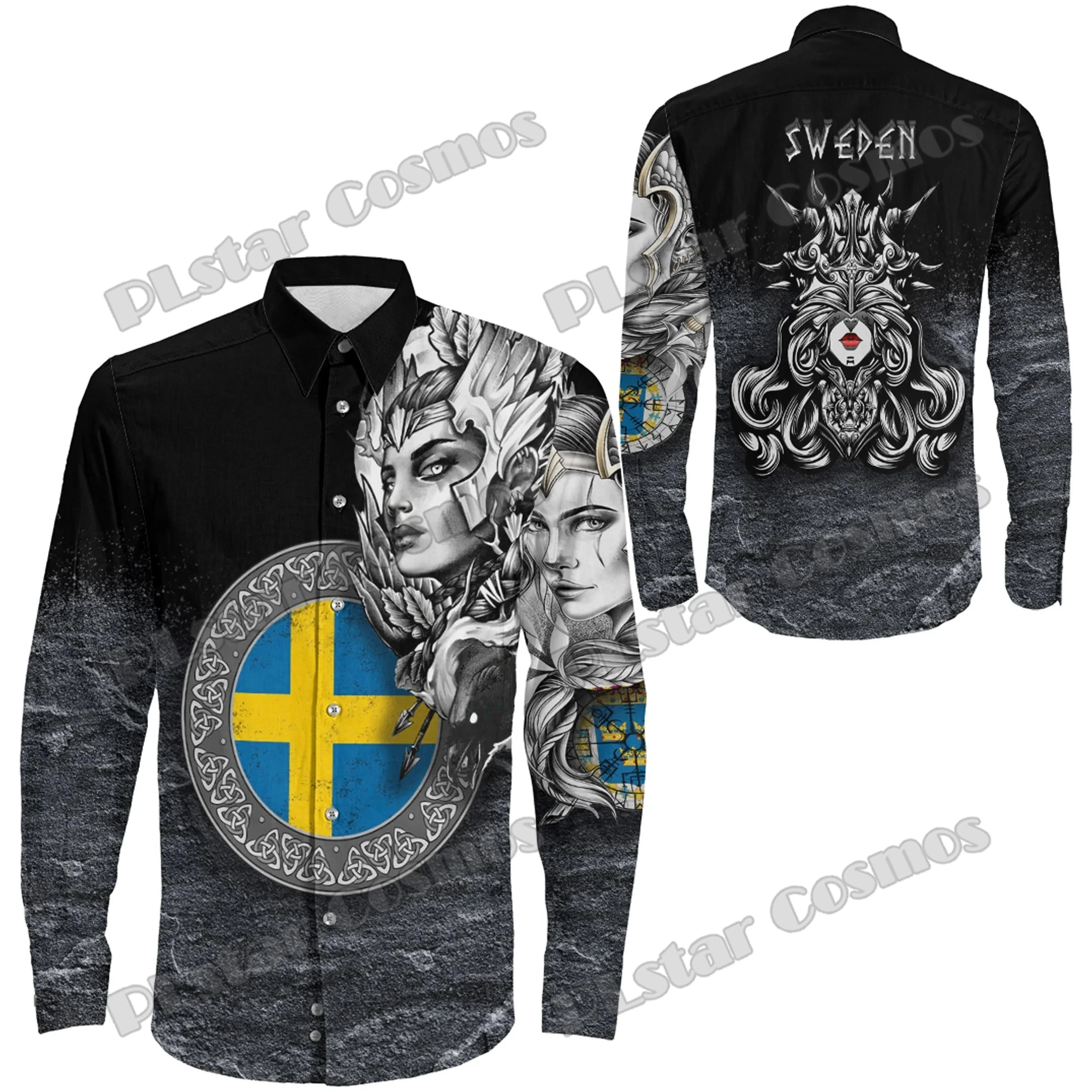 Eropa Utara Negara Tato Denmark Perisai 3D Dicetak Fashion Pria Lengan Panjang Tombol Kemeja Musim Semi Pria Kasual Kerah Kemeja CXS53