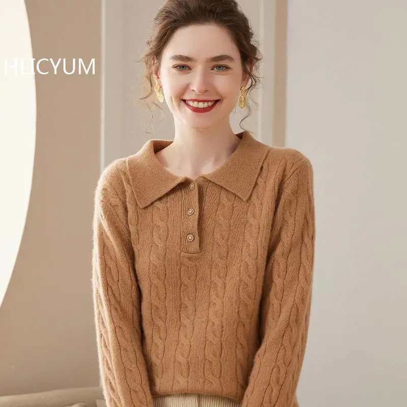 

Autumn/Winter Cashmere Sweater Women's Casual Solid Thick Knitted Hoodie Loose Wool Tops Collar Jumper Single breasted Blouse