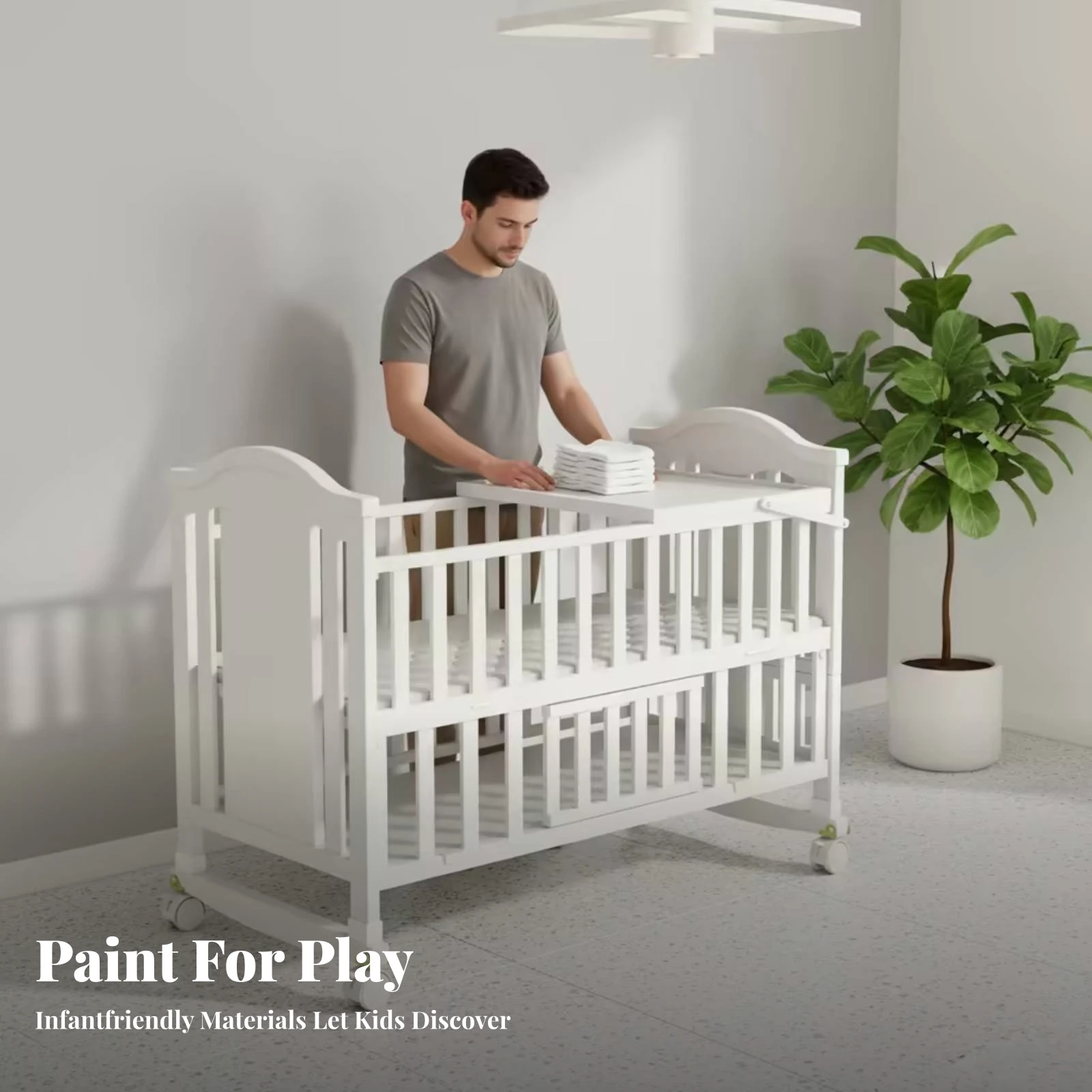 Baby Nursery Bed - Ahşap Bebek Karyolası Beyaz Tekerlekli Beşik