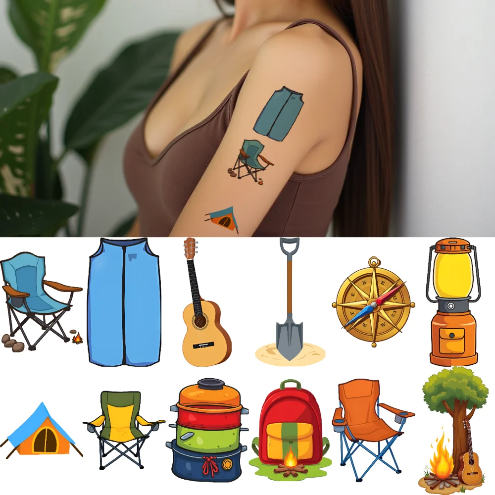 

63pcs Temporary Tattoo Outdoor Equipment Cartoon Camp Camping Gear Waterproof Long-lasting Body Stickers For Shoulders Boys