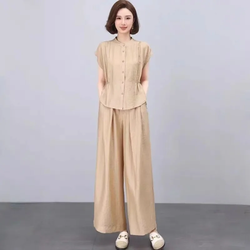 

Mom Temperament Summer Set 2025 Casual Style Noble Western-Style Short Sleeved Shirt Solid Color Fashion Two-Piece Set Commuting