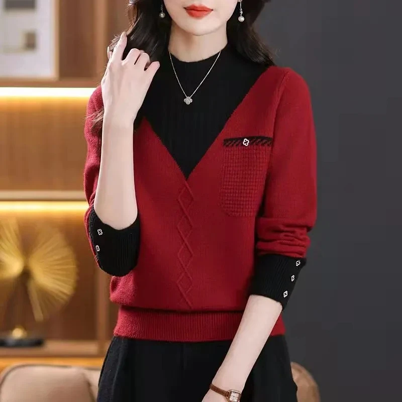 Women Sweater Pullover New Fashion Color Blocking Fake Two-Piece Knitted Sweater Jumpers Autumn Winter Femme Top Bottoming Shirt