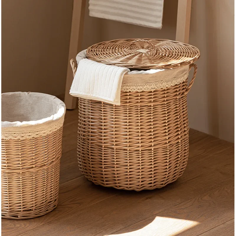 Japanese Laundry Basket with Cover, Natural Willow Toy Basket, Dust Proof Storage Basket, Bathroom Clothes Organizer Box