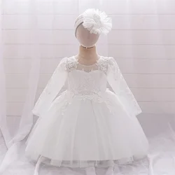 2pcs Lace Floral Party Princess Gown For Baby Girls Embroidery Baptism Dresses Toddler Fluffy X-mas Carnival Dress Girl Costumes
