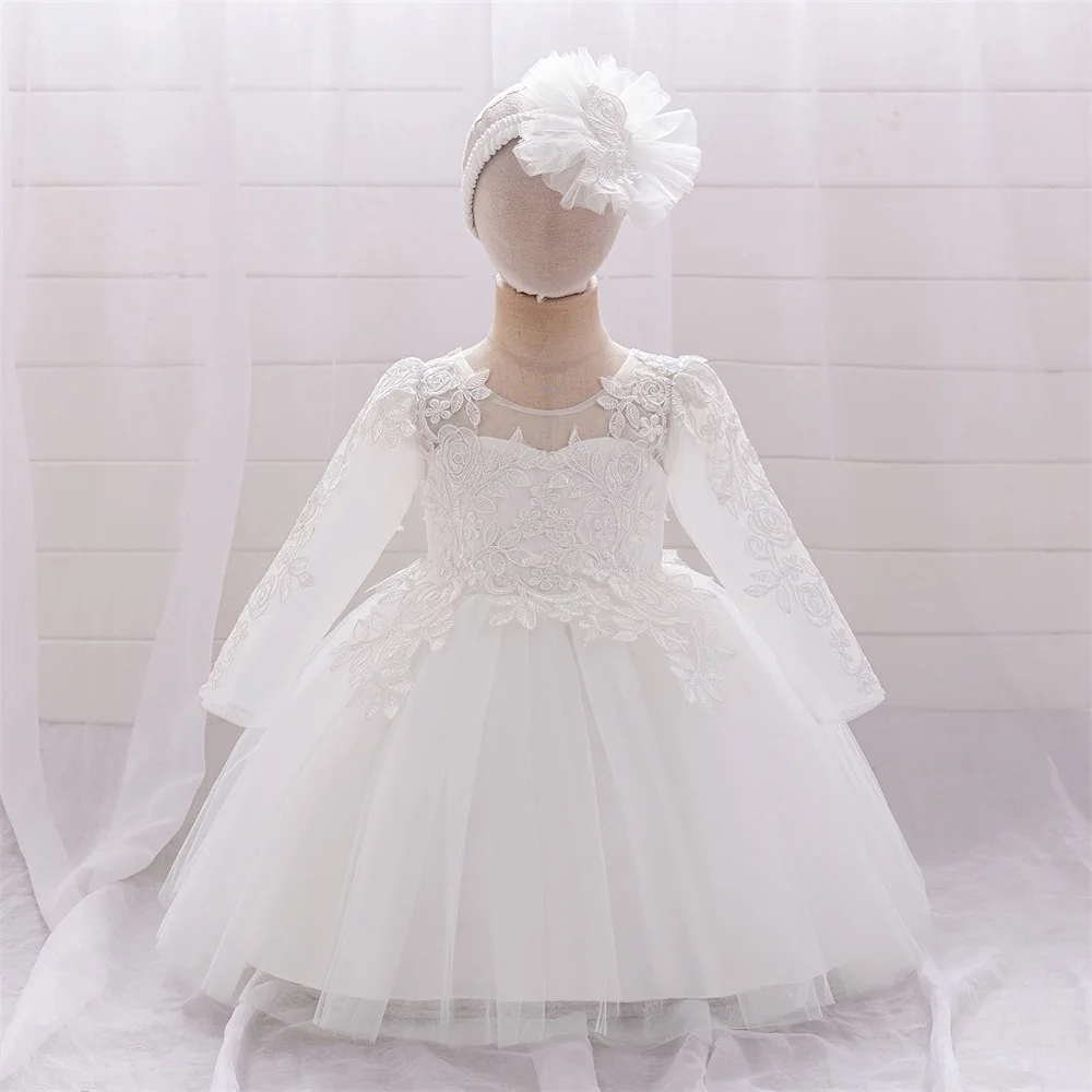 2pcs Lace Floral Party Princess Gown For Baby Girls Embroidery Baptism Dresses Toddler Fluffy X-mas Carnival Dress Girl Costumes