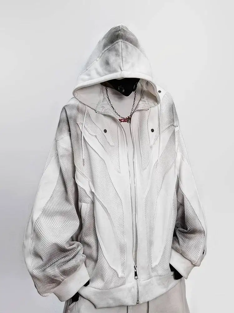 Unisex Hoodies 2026 New Mesh Zip Up Hoodies American Retro Hip Hop Loose Long Sleeve Hooded Cardigan Jacket Casual Outerwear