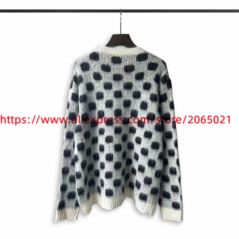 Black Dots Knit Sweater Men Women Round Neck Color Block Casual Sweatshirts