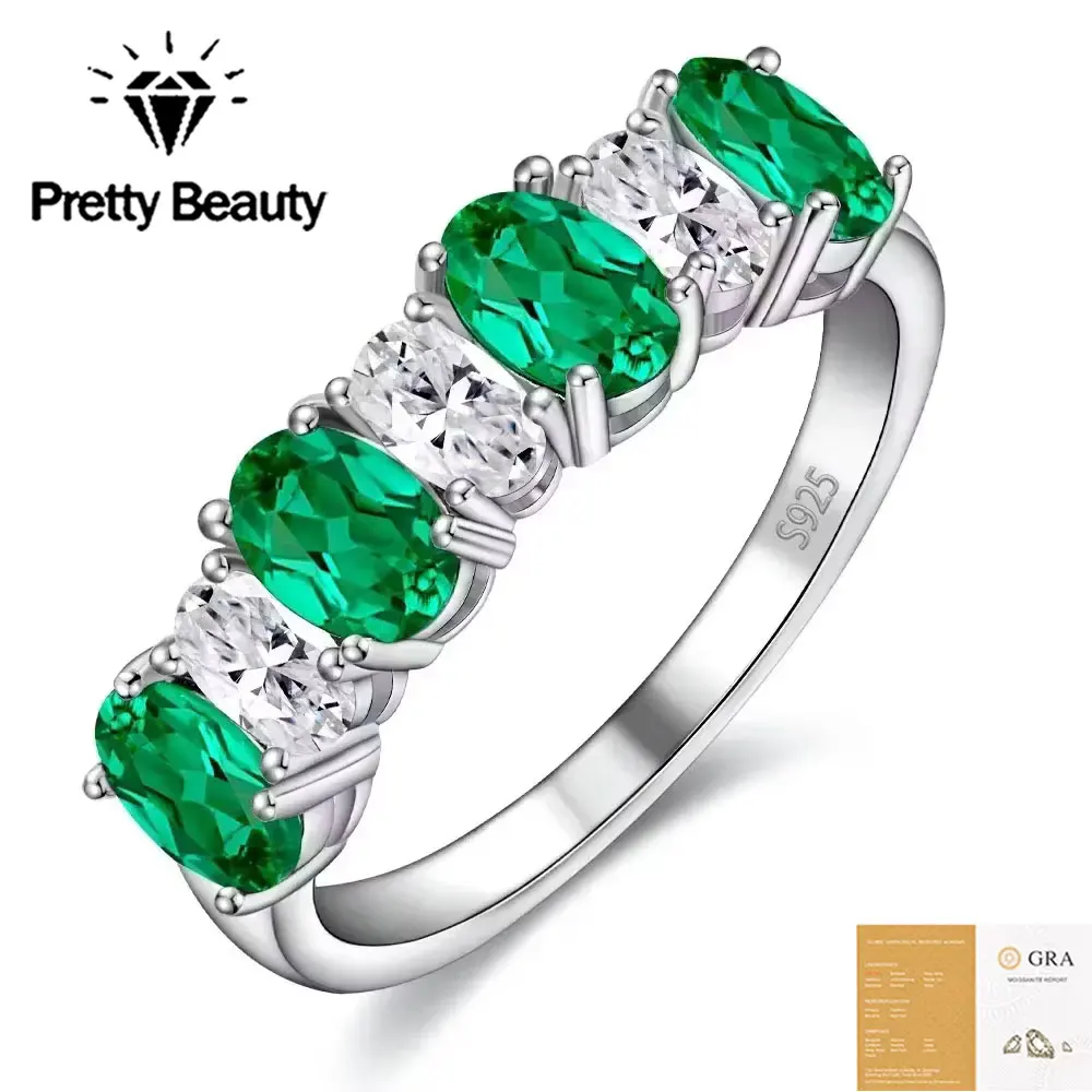 Pretty Beauty Oval Cut Lab Emerald Half Eternity Band Ring for Women S925 Sterling Silver Hypoallergenic Everyday Wear Jewelry