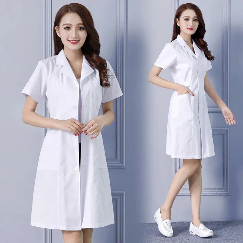 Bata de laboratorio de moda para mujer, vestido corto de médico y enfermera, uniformes médicos de manga larga, chaqueta blanca con cintura ajustable EWc;3.k'6;d.a;
