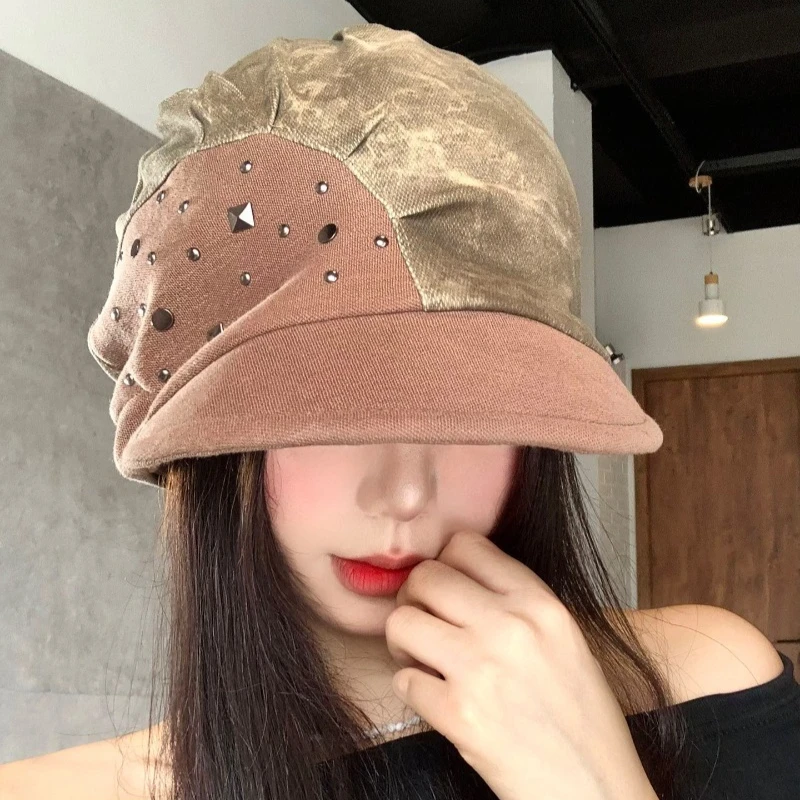 Japanische Nietenverbindung ​ ​ Kurzbrim-Mütze für Frühling und Herbst, modische Wintermütze, große Kopfbedeckung, Sonnenschutz, warme Newsboy-Kappe – Detail 2