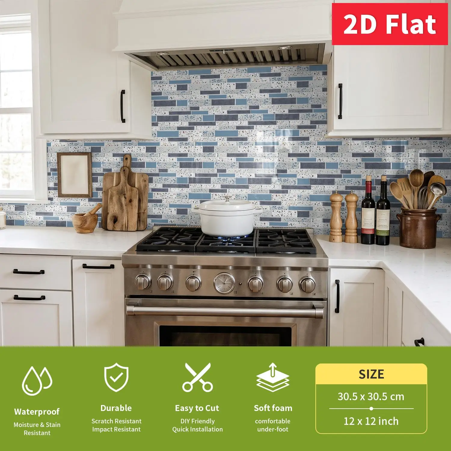 Blue Grey Terrazzo Peel and Stick Tile 12×12 Inch Thick Foam Wall Sticker Waterproof Kitchen Backsplash