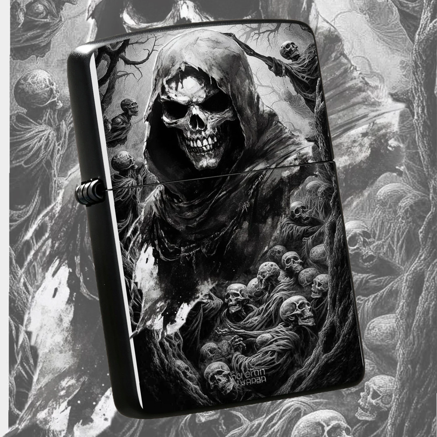 Vintage Grim Reaper Skeleton  Dark Dead Army Pattern Durable Housing Windproof Portable Pocket Unique Spooky Style Collectible Desktop Ornament Ideal Cool Gift For Men For Halloween Daily Outdoor Use A Fun And Humorous Lighter