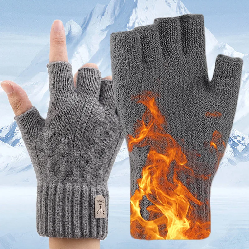 

Unisex Knitted Thick Thermal Fingerless Gloves Cashmere Winter Half Finger Gloves for Men Women Solid Warm Type Writing Mittens