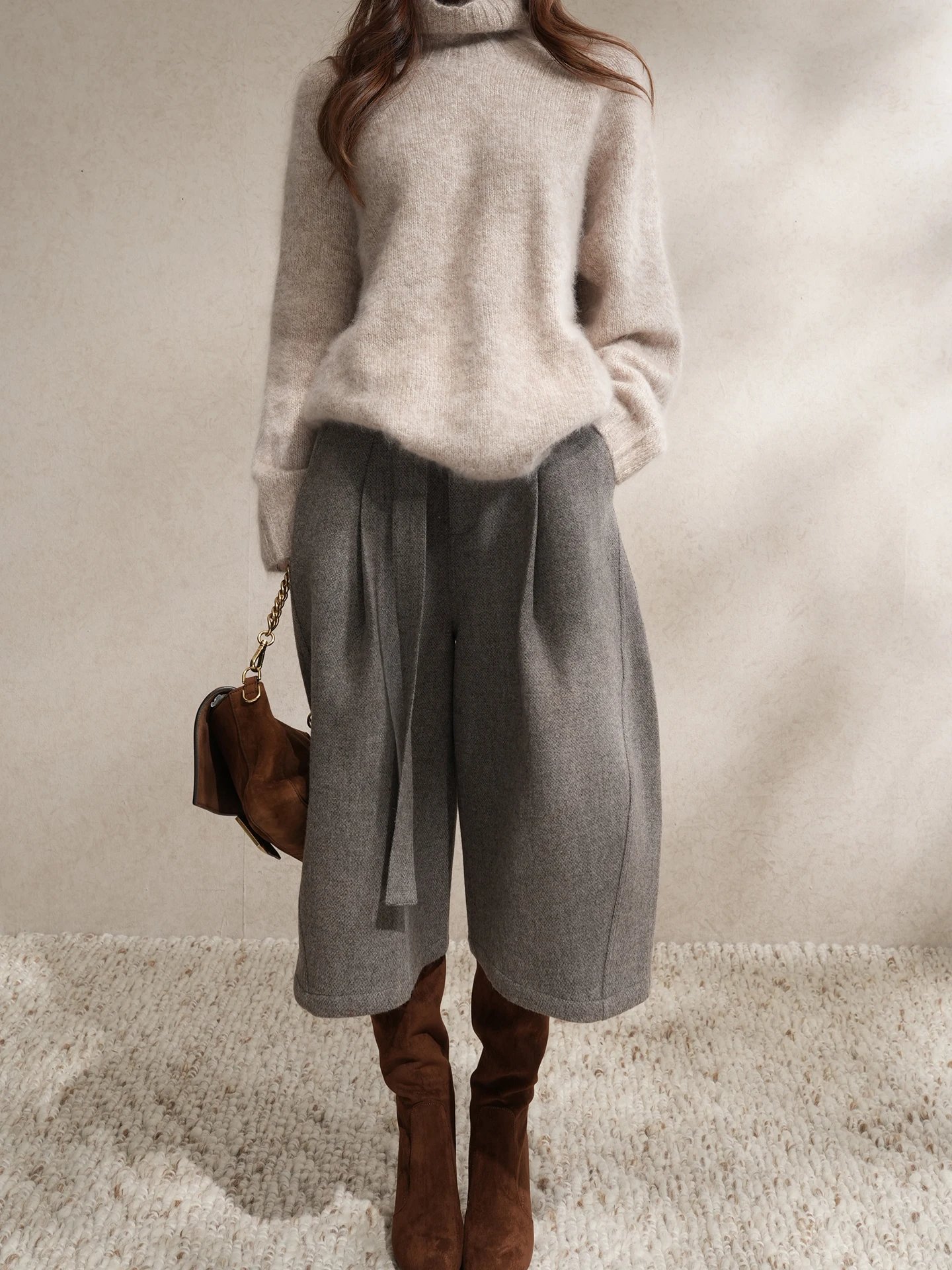 

Modern Fashionable Woolen Wide Leg Seven-Foot Pants by Bluetique High Waist Commute Style Winter Collection Ladies' Casual Pants