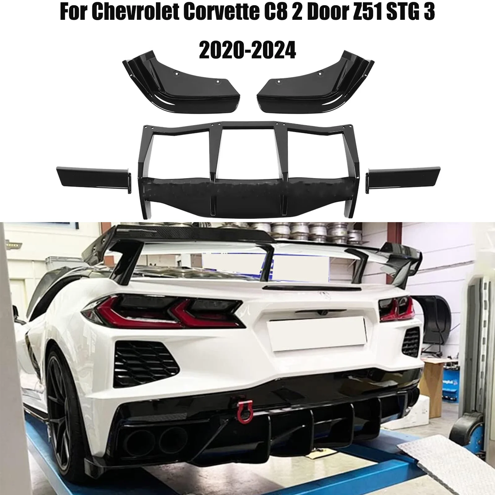 Rear Bumper Lip Diffuser Spoiler Splitter Corners For Chevrolet Corvette C8 2 Door Z51 STG 3 2020-2024 Carbon Fiber Style Black