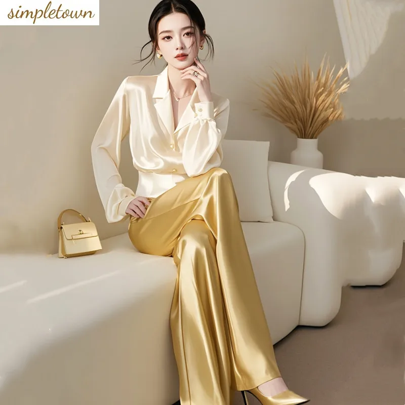 

Spring and summer new women's clothing high-end fashion small fragrance style apricot satin shirt+wide leg pants two-piece set